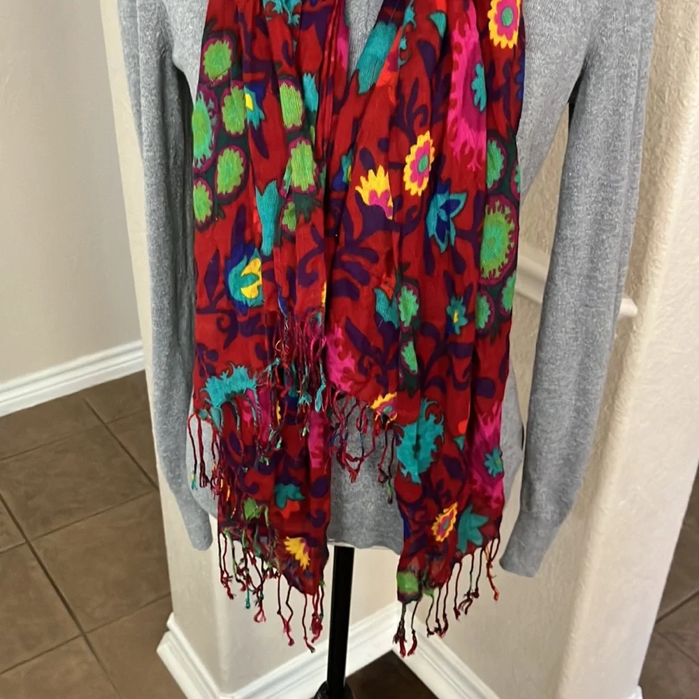 Red floral with fringe scarf